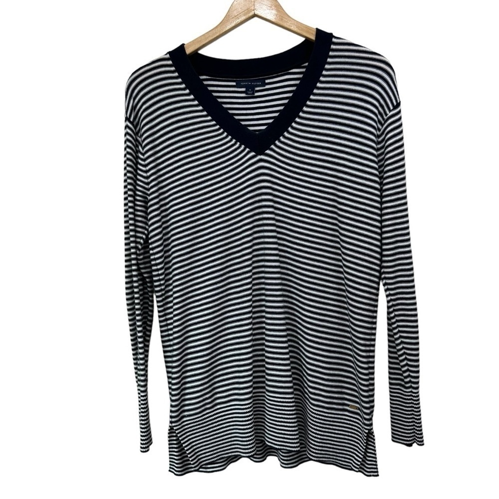 Tommy Hilfiger Navy White Stripe Nautical Summer V-Neck Long Sleeve, Medium